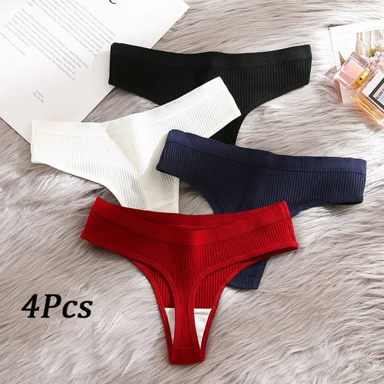 Striped Cotton G-String Set (4 Pcs) — Breathable Sports Thongs