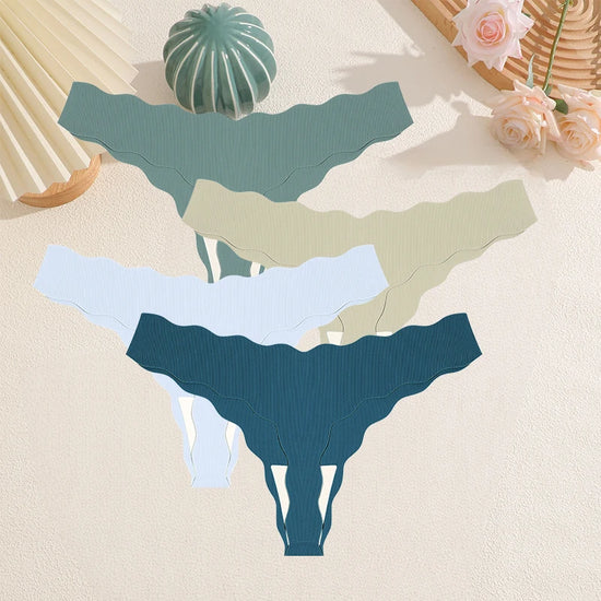 Ice Silk Satin Seamless Thong Set (4 Pcs) — Wavy Edge G-Strings