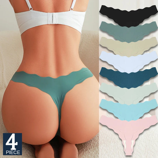 Ice Silk Satin Seamless Thong Set (4 Pcs) — Wavy Edge G-Strings