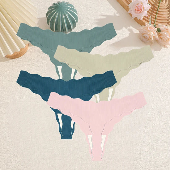 Ice Silk Satin Seamless Thong Set (4 Pcs) — Wavy Edge G-Strings