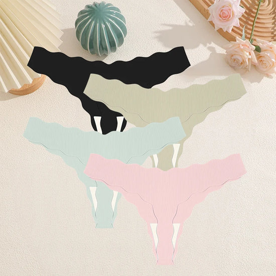 Ice Silk Satin Seamless Thong Set (4 Pcs) — Wavy Edge G-Strings