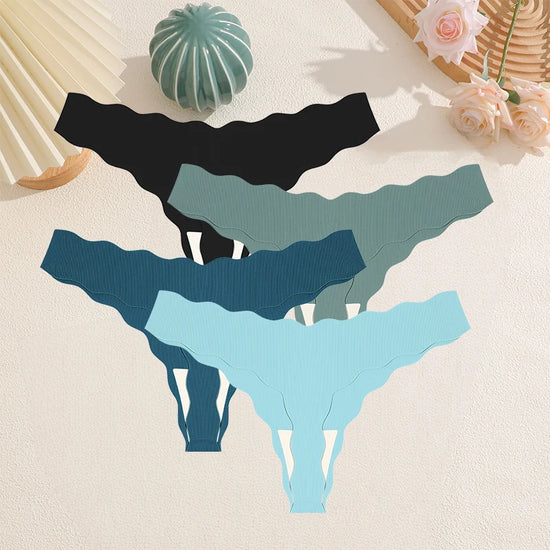 Ice Silk Satin Seamless Thong Set (4 Pcs) — Wavy Edge G-Strings