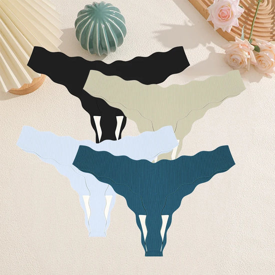 Ice Silk Satin Seamless Thong Set (4 Pcs) — Wavy Edge G-Strings
